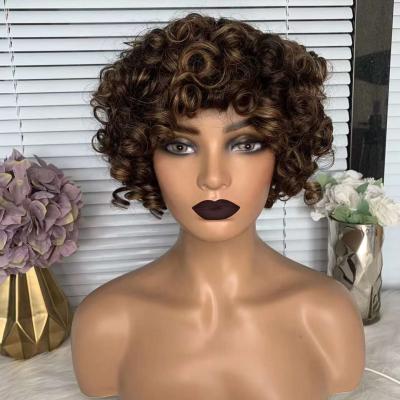 China Factory Supply Superb Wave Hair Natural Brazilian Pink Curly Fringe Bob Pixie Cut Short Full Lace Wigs With Bang For Black Women for sale