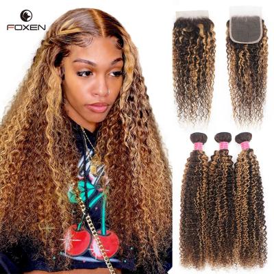 China Foxen Ombre Kinky Curl Bundles With Closure P4 Highlight 27 Kinky Curly Bundles With 4x4 Lace Up Closure Remy Human Hair Bundles With Closure for sale