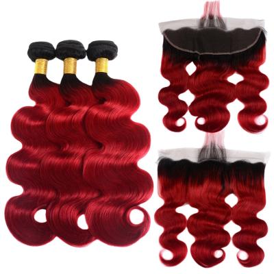 China Jerry Curl Body Wave 1B Bundles Peluca Frontal De Encaje 13x6 9a 2t Ombre And Peruvian Red Lace Headbands With Baby Hair for sale