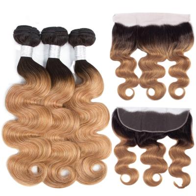 China Curly Hair Extension 1B 27 Curl Ombre Body Wave With Frontal Brazilian Raw Unprocessed Human Virgin Hair Weave Bundles And Headband for sale