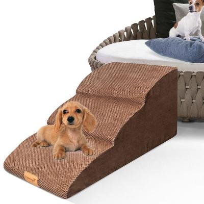 China Dogs EXTRA LENGTH HIGH DENSITY FOAM 3 TIERS DOG STEPS NON SLIP PET STAIRS FOR DOGS JOINT PAIN WITH WASHABLE COVER BROWN for sale