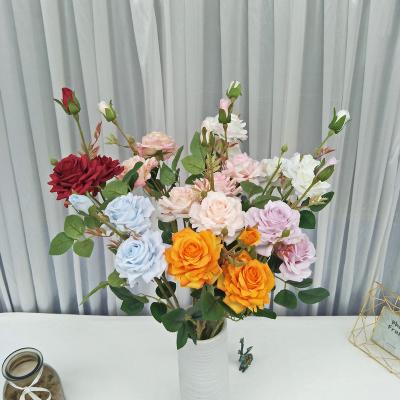 China European Wedding Party Decoration 3 Heads Real Touch Artificial Flowers Rose Bouquets For Party Birthday Lunch Table Hotel Wedding Bridal Decoration for sale