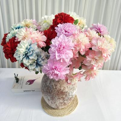 China Artificial Silk Flower Arrangement Wedding Party Decoration 3 Heads Bride Wedding Bouquet Artificial Home Pompom Dahlia Bunch Floral Decoration for sale