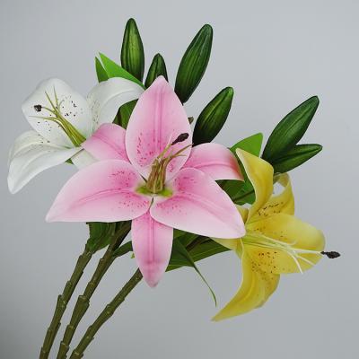 China Mini Real Touch White Pink Lily China Artificial Flowers Natural Single Stem 3 Heads Touch Lilies Yellow Gifts For Home Wedding Decoration for sale