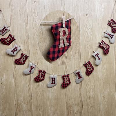 China Mini Linen Plaid MERRY CHRISTMAS Letters Custom Banner Flag Christmast Ornament Pop Christmas Stocking Socks Gloves Hanging Gift and Decoration Set for sale