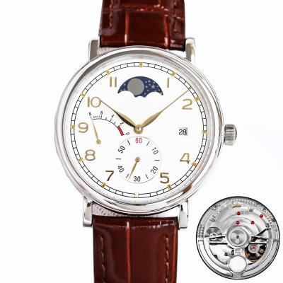 China New Arrival Sapphire Movement Automatic Sapphire Movement Leather Strap Chronograph White Business Automatic Date Glass Dial Custom Gold Watch for sale