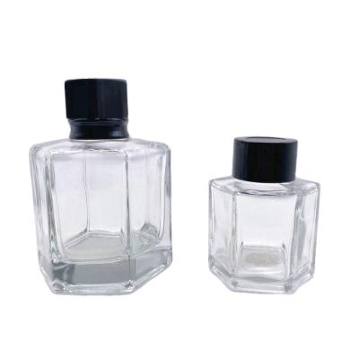 China Personal Care 50ml 120ml Hexagonal Clear Glass Bottle Aromatherapy With Rattan Aluminum Cap Plastic Inner Plug for sale