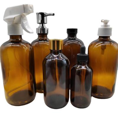 China Personal Care Wholesale15m Thick Bottom Amber Brown Glass Boston Round Bottles 30ml 60ml 100ml 120ml 240ml 500ml 1000ml for sale