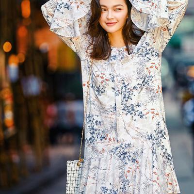 China Latest Design Autumn Dresses Women's Anti-Static Silver Cowl Print Sleeve Clothes Women Long Dresses Casual for sale