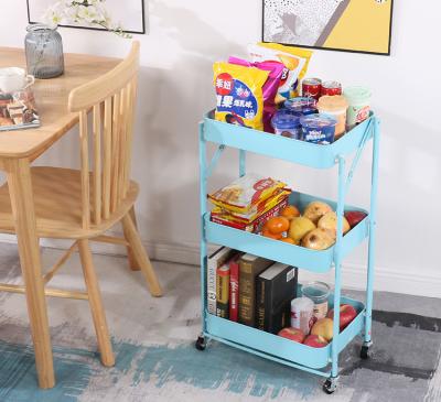 China Modern Push Square Foldable Kitchen Bathroom Fruit Storage Baskets 3 Tier Folding Metal Serving Trolley Rolling Carts With 4 Wheels for sale