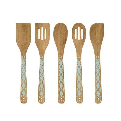 China Sustainable 5 Piece Non-Stick Utensil Set Acacia Wood Kitchen Tools For Healthy Serving And Cooking With Mint Green Inlay Design for sale