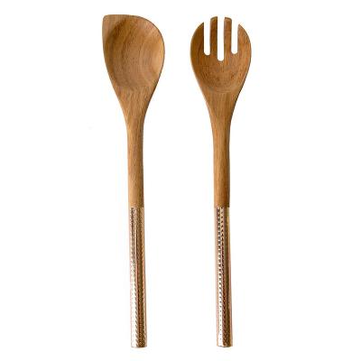 China Factory direct sale viable 2 piece utensil set - acacia wood heads with gold stainless steel handles for serving and cooking for sale