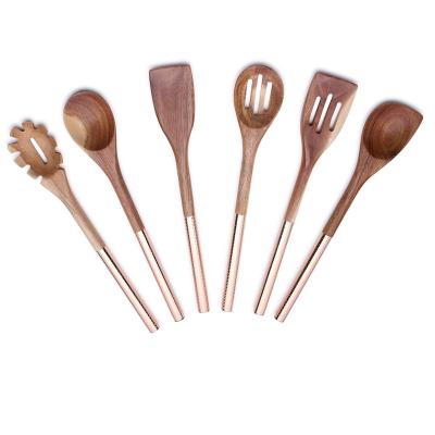 China Factory direct sale viable 6 piece utensil set - acacia wood heads with gold stainless steel handles for serving and cooking for sale