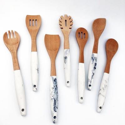 China 7 Piece Sustainable Wooden Bamboo Kitchen Tool Wooden Baking Utensil Set With Marble Pattern Silicone Handle for sale