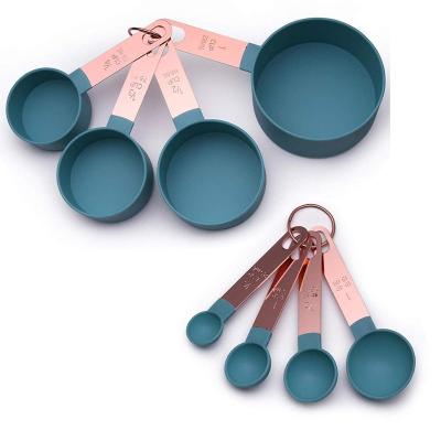 China Good Viable Hot Selling 8pc Multifunctional Shape Stainless Steel Handle Colorful Plastic Measuring Cups/Measuring Spoons Set for sale