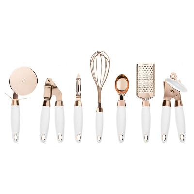 China Durable 7 PC Kitchen Instrument Set Copper Coated Stainless Steel Utensils Soft Touch Plastic Nylon White Handles for sale