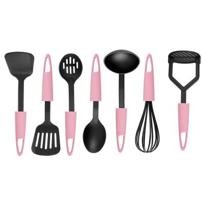 China Factory Direct Sale Sustainable Hot-selling 7 Piece Nylon Kitchen Utensils Cooking Tool Kits With Plastic Pink Handle for sale