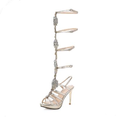 China 2020 newest shinny women's breathable everyday stylish strappy long sandals heel leather sandals for sale