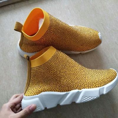 China Latest Anti-odor Gear Handmade Rubber Rhinestone Sock Women Sneakers Casual Knitting Shoes for sale