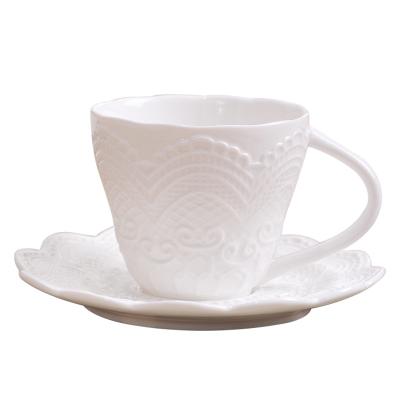 China Stocked Lace Embossed Elegant White Ceramic Coffee Mug And Dish for sale