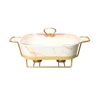 China Luxury Ceramic Iron Frame Large Capacity Restaurant Marble Phnom Penh Ceramic Hot Pot Buffet Tableware With Two Ear Ceramic Soup Pot for sale