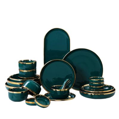 China Sustainable Luxury Ceramic Dinner Plate Dinnerware Set Green Dish And Ceramic Bowl Tableware With Phnom Penh for sale