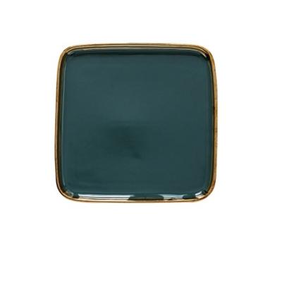 China Sustainable Modern Style Dinnerware Green Inlaid Gold 6.5 Inch Square Ceramic Plate Dishes for sale