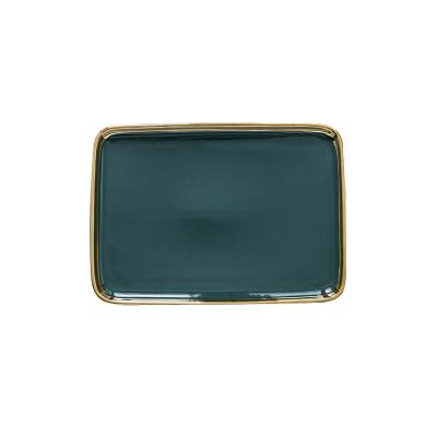 China Sustainable Professional Design Kitchen Green Inlaid 10 Inch Rectangular Ceramic Dish Gold For Restaurant for sale