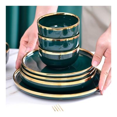 China Sustainable Luxury Dining Plates Ceramic Tableware Set Green Color Plates And Bowls Dishes Ceramic Dinner Ware With Gold Rim for sale