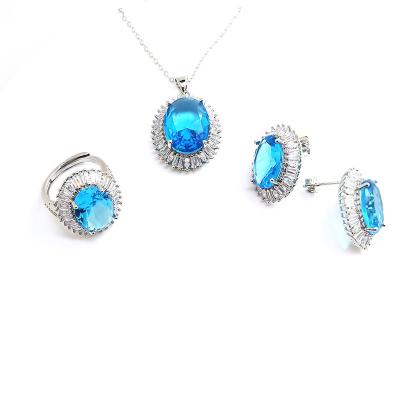 China Necklace 2021 Ethnic Elegant Blue Zircon Pendant Necklace Set Jewelry Simple Earrings Ring For Ladies for sale