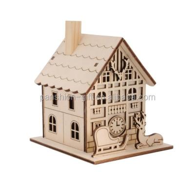 China Home Decoration Laser Cut Wooden Christmas House With Led Light for sale