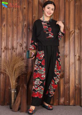 China Chinese Style Womens Linen Suits Clothing Black Blouse And Pants Casual Suit for sale