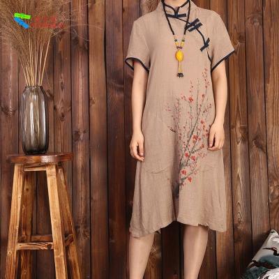 China Tea Color Chinese Dress Cheongsam 100% Cotton Material For Daily Wear for sale