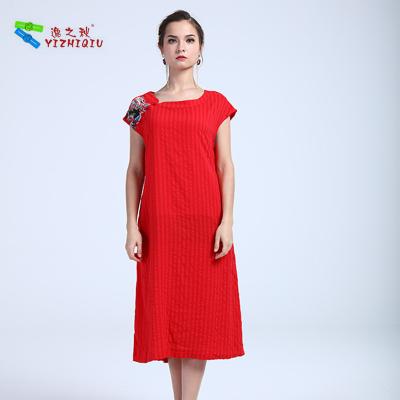 China Red Pure Color Ladies Cotton Summer Dresses With Shoulder Pattern Print for sale