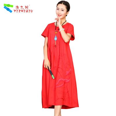 China Red Bohemian Embroidered Cotton Dress Fit And Flare Silhouette With Short Sleeve for sale