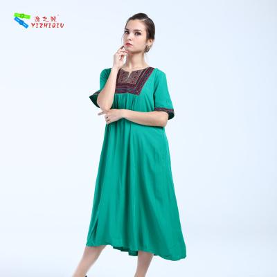 China Embroidered Green Cotton Dress Chinese Style With Mid - Calf Dresses Length for sale