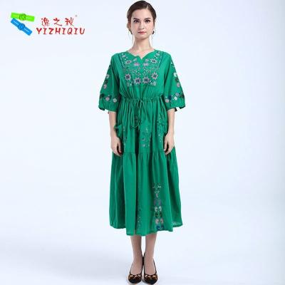 China Embroidered Half Sleeve Boho Maxi Dress Linen / Cotton Material Skin Friendly for sale