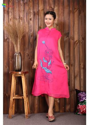 China Pink Chinese Embroidery Dress , L XL XXL Cotton Sleeveless Maxi Dress for sale