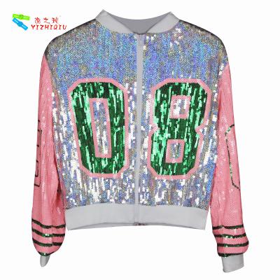 China Casual Silver Pink Womens Sequin Clothing Zip Up Bomber Jacket Free Size for sale