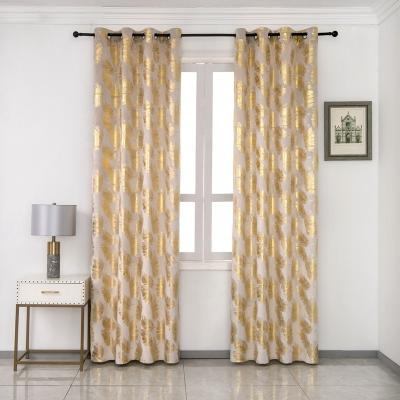 China Latest Wholesale Modern Polyester Living Room Bedroom Gold Foil Feather Printed Velvet Curtains for sale