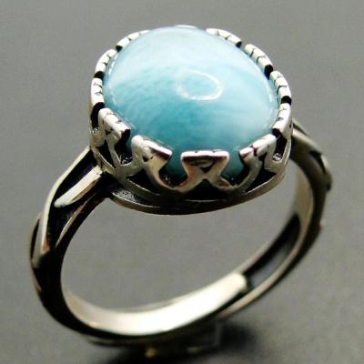 China Engagement 100% Sterling Silver Jewelry Oval Shaped Larimar Blue Jewelry Larimar Ring Women Adjustable Ring for sale