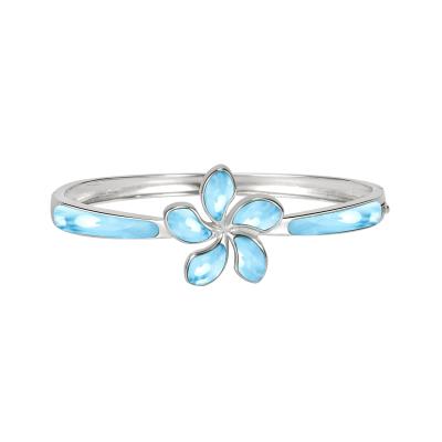 China FASHIONABLE 925 Sterling Silver Hawaii Plumeria Flower Blue Natural Larimar Flower Bangle Bracelet for sale