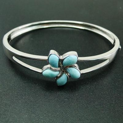 China Plumeria Blossom Bracelet 925 Sterling Silver Ocean Sea Life Plumeria Flower Bracelet Natural Blue Larimar Plumeria Bangle for sale