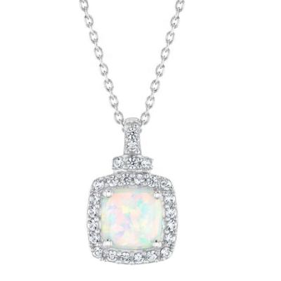 China Opal Jewelry Square Shape Opal Stone 925 Sterling Silver Jewelry White CZ and Opal Stone Pendant Necklace for sale