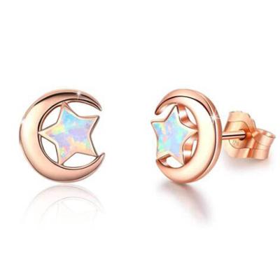 China Hot Selling Star and Moon Stud Earrings 925 Sterling Silver White Fire Opal Tasty Star and Moon Stud Earrings for sale