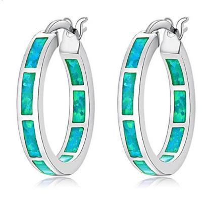 China Wholesale CLASSIC 925 Synthetic Fire Opal Huggie 20mm Hoop Earrings Sterling Silver Green Opal Huggies for sale