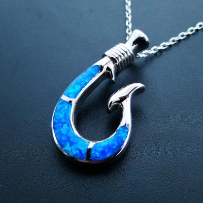 China Crochet Opal Pendant 925 Sterling Silver Hawaiian Jewelry Fish Hook Opal Pendant Necklace for sale