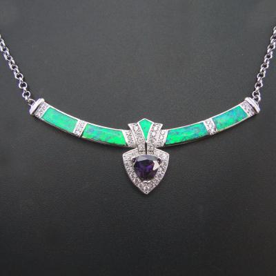 China Opal Jewelry Hot Sale Mexican Designs Shape 925 Sterling Silver Synthetic Green Opal With Color CZ Charm Necklace For Gift for sale