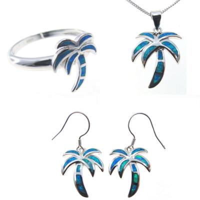 China Inlay Fire Blue Opal 925 Sterling Silver Hawaiian CZ Coconut Tree Romantic Double Oval Jewelery Set for sale