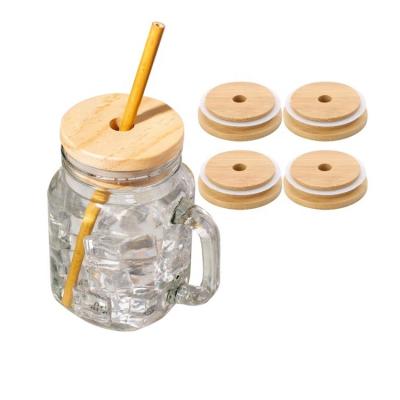 China Reusable Fire Resistance Custom Round Bamboo Lids For Cup Glass Jar Drinks Canning Seal Ring Pine Bamboo Lids With Straw Hole for sale